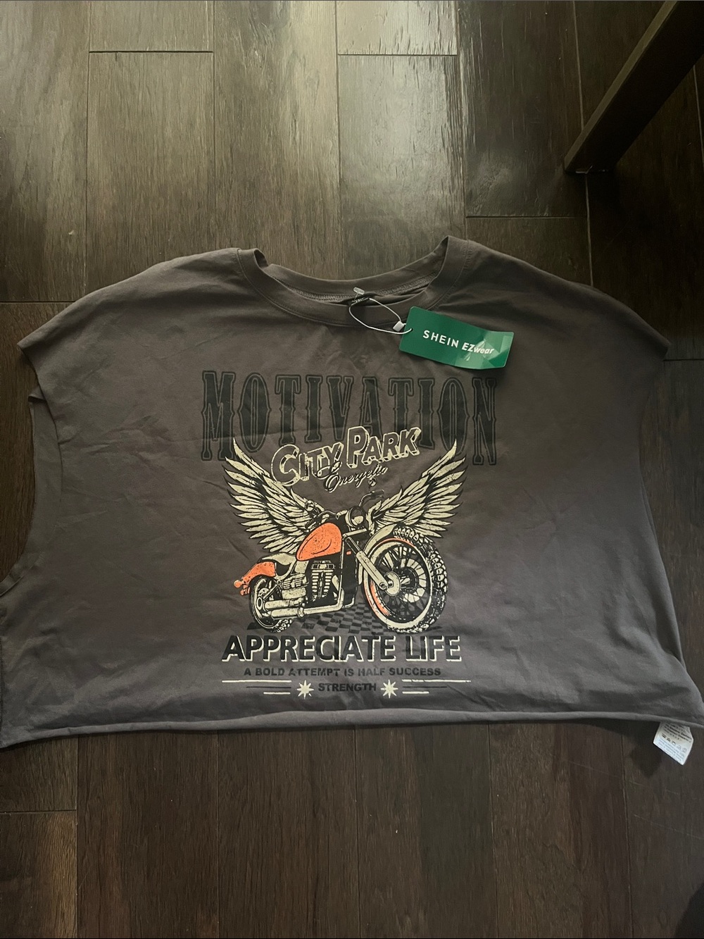 SHEIN Grey Graphic Motorcycle Crop Tee with Orange Accents